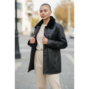 Whet Blu Black Removable‎ Faux Fur Collar Button Up Leather Jacket L